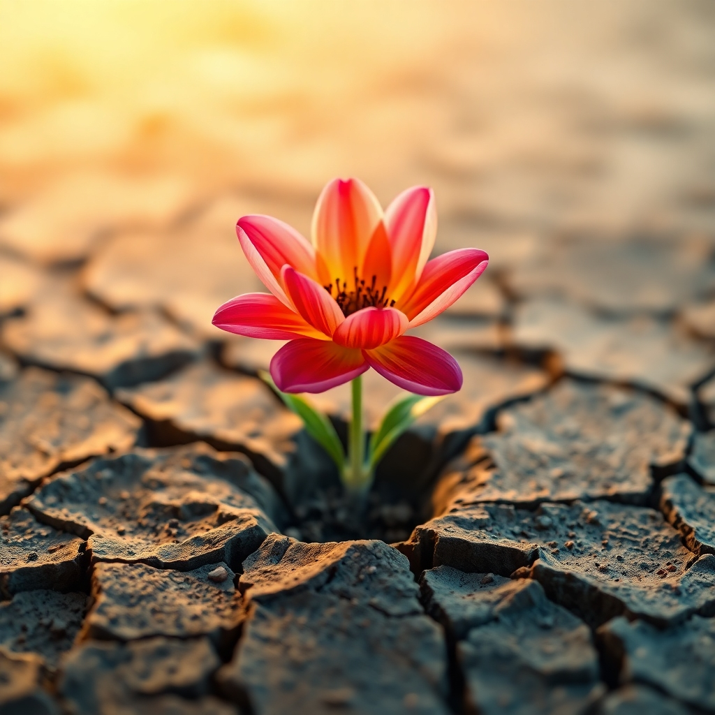 A stylized image, 4K resolution, depicting a vibrant, blooming flower rising from cracked earth.  The flower represents healing and renewed life. The cracked earth symbolizes the challenges of long-term illness. The lighting is soft, with warm golden hues and cool blue undertones. The color palette is earthy and natural, with bright bursts of color from the flower. The camera angle is close-up, focusing on the detail of the flower. The texture details should be highly realistic. The environment is minimalistic, with focus on the flower. Style references include symbolic botanical art and nature photography. The image must visually communicate hope and resilience.